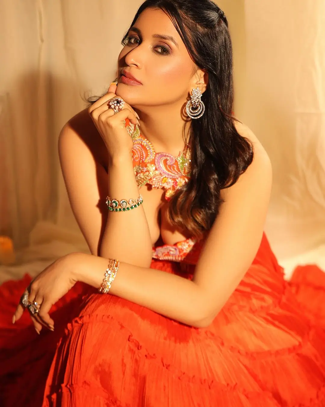 Indian Actress Mannara Chopra in Orange lehenga Choli